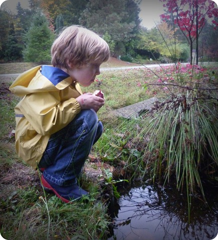 Carter w apple playing leaf boats
